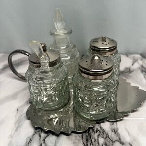 Sheffield Home Silver Plated Leaf Clear Glass Condiment Set MCM Antique 1950’s